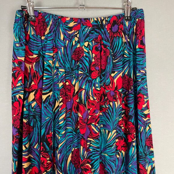 Vintage Skirt Tropical Floral Elastic Waistband Blue Red Eclectic Maximalist 80s - Picture 6 of 8